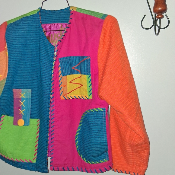 Vintage Elevated Basic Colorblock Patchwork Jacket in Teal, Pink, Orange, Green - Picture 3 of 6
